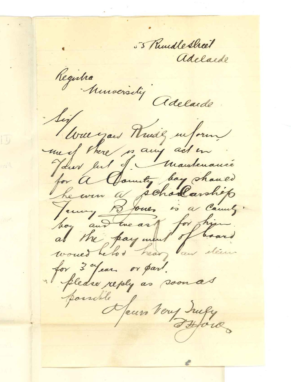 Thomas Henry Jones - Adelaide - Asking if there is any provision for maintenance of the winner of a Scholarship