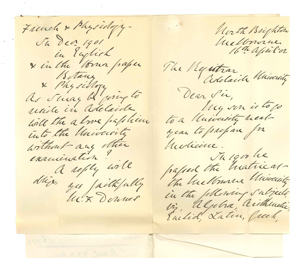 Major General M Francis Downes - Melbourne - Asking if Melbourne University Matriculation exam will pass her [his] son into this University