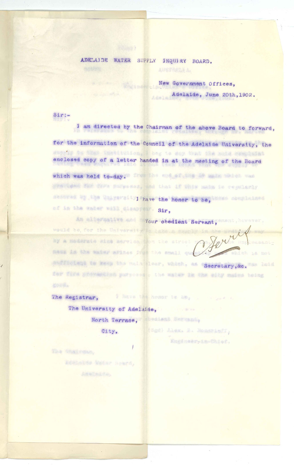 C Ferris - Secretary - Adelaide Water Supply Inquiry Board - Concerning complaint of water supply