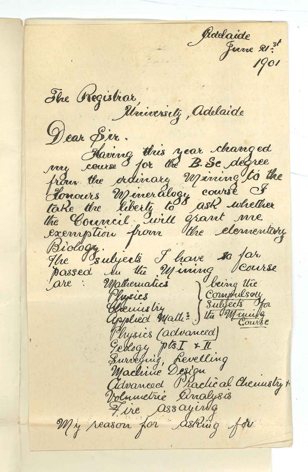 Herbert Basedow - Adelaide - Exemption from attendance at lectures