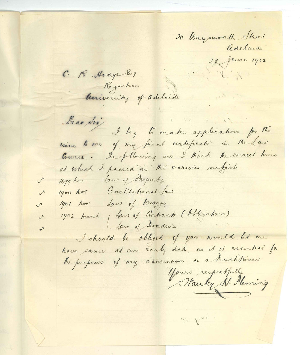 Stanley H Fleming - Adelaide - Application for Final Certificate in Law