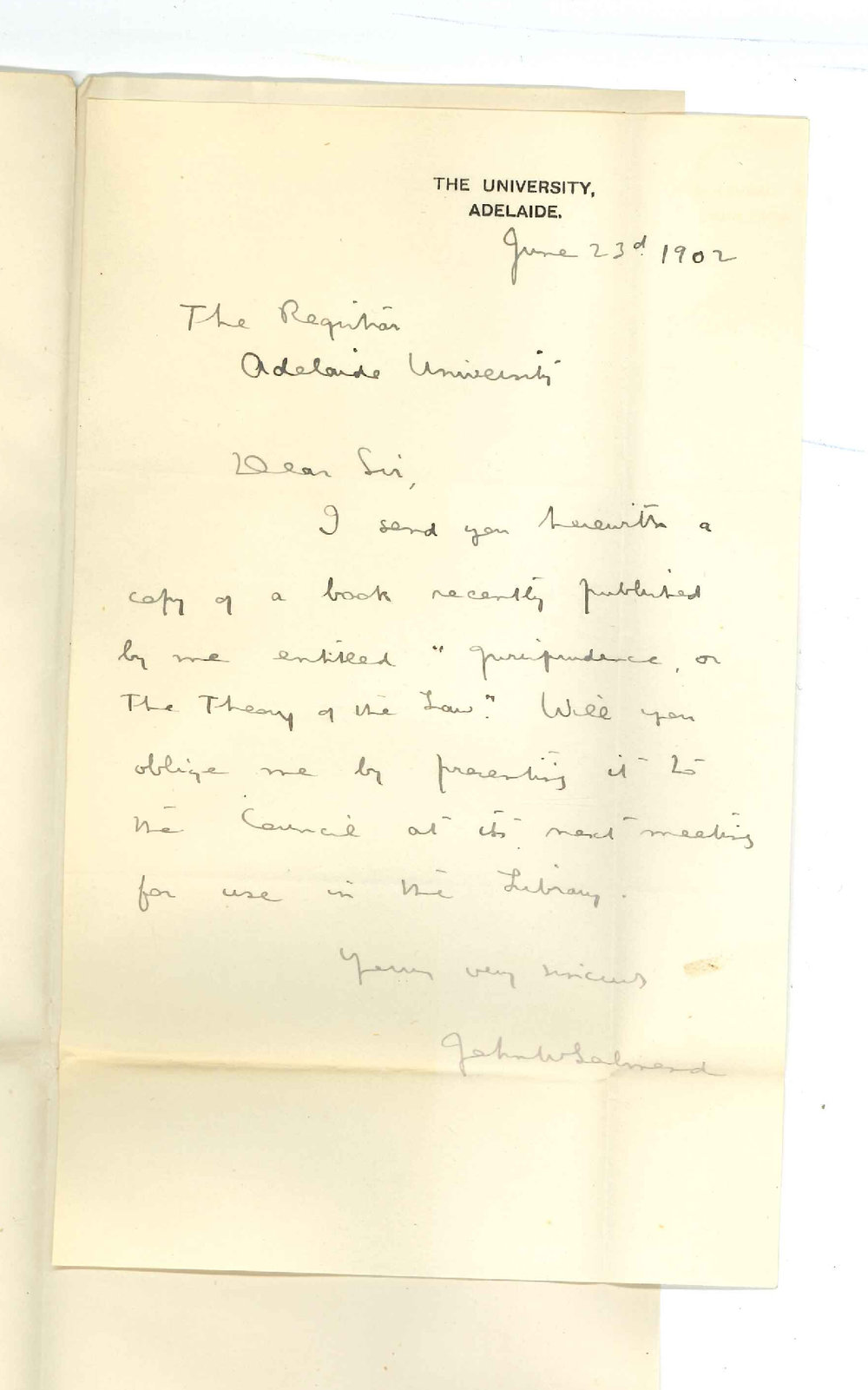 Professor John William Salmond - University - Presenting copy of his book on Jurisprudence to the Library