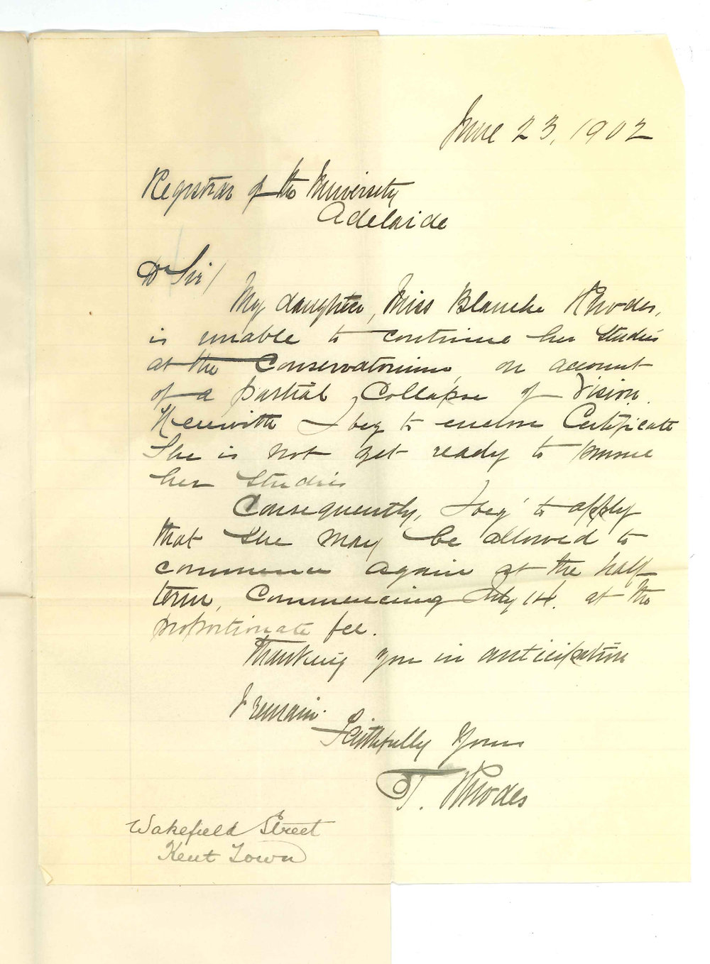 T Rhodes - Kent Town - Daughter Blanche will discontinue lessons at Conservatorium