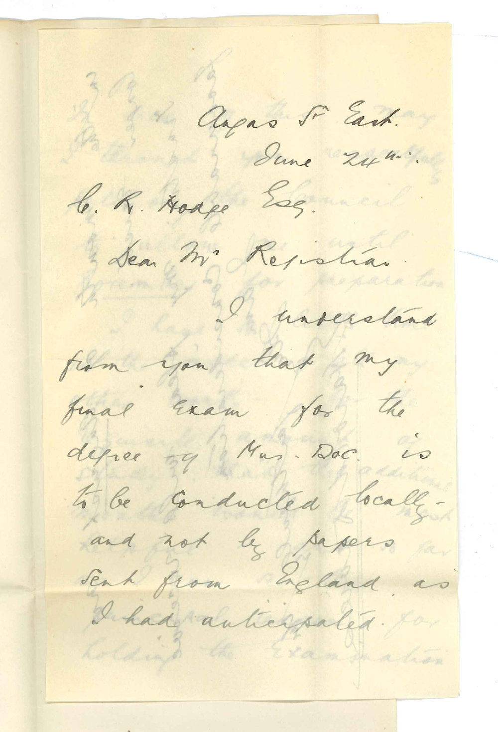 Edward Harold Davies - Adelaide - Asking that he may sit for Final Exam for Mus Doc Degree in November