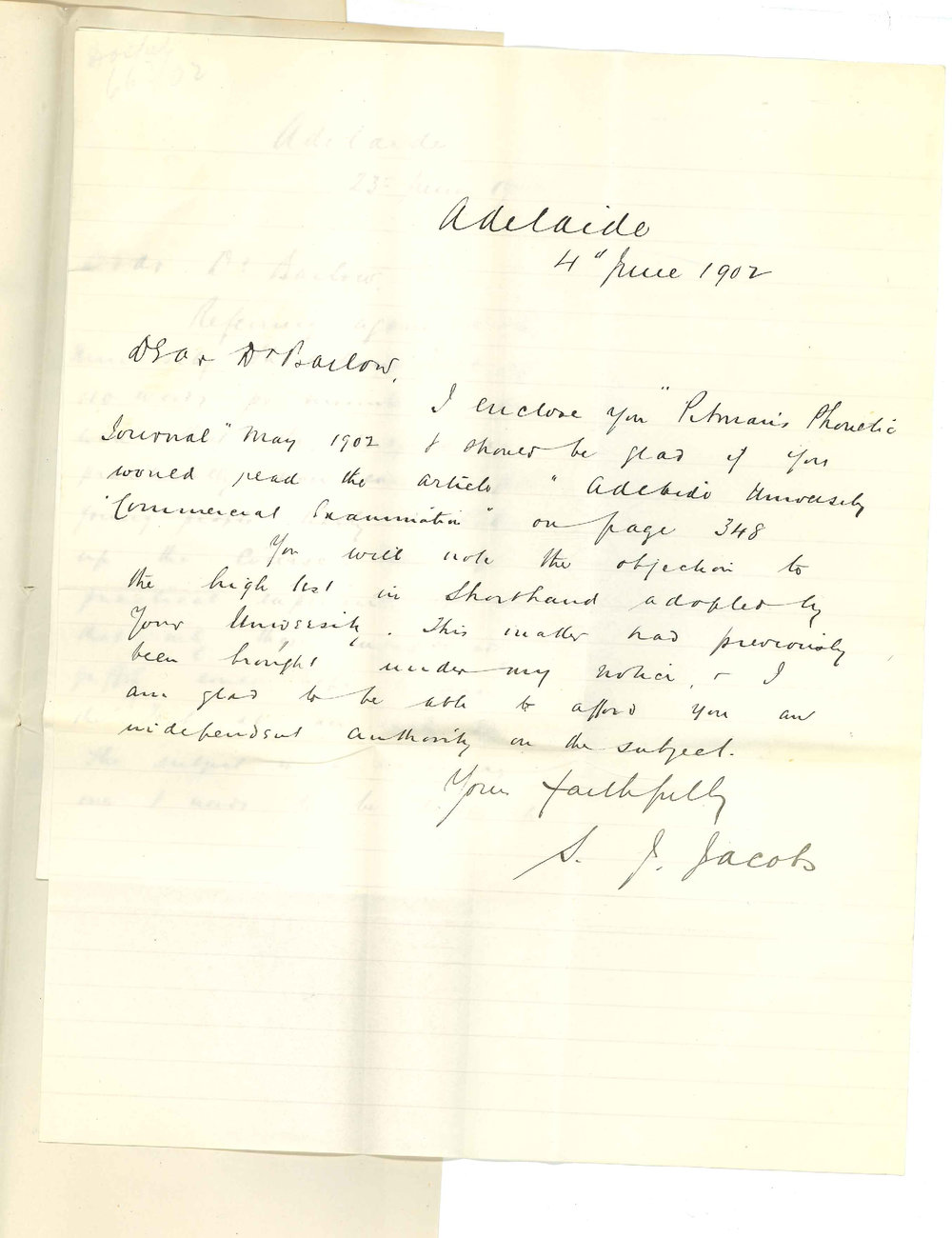 S J Jacobs - Adelaide - Regarding shorthand test of 110 words per minute