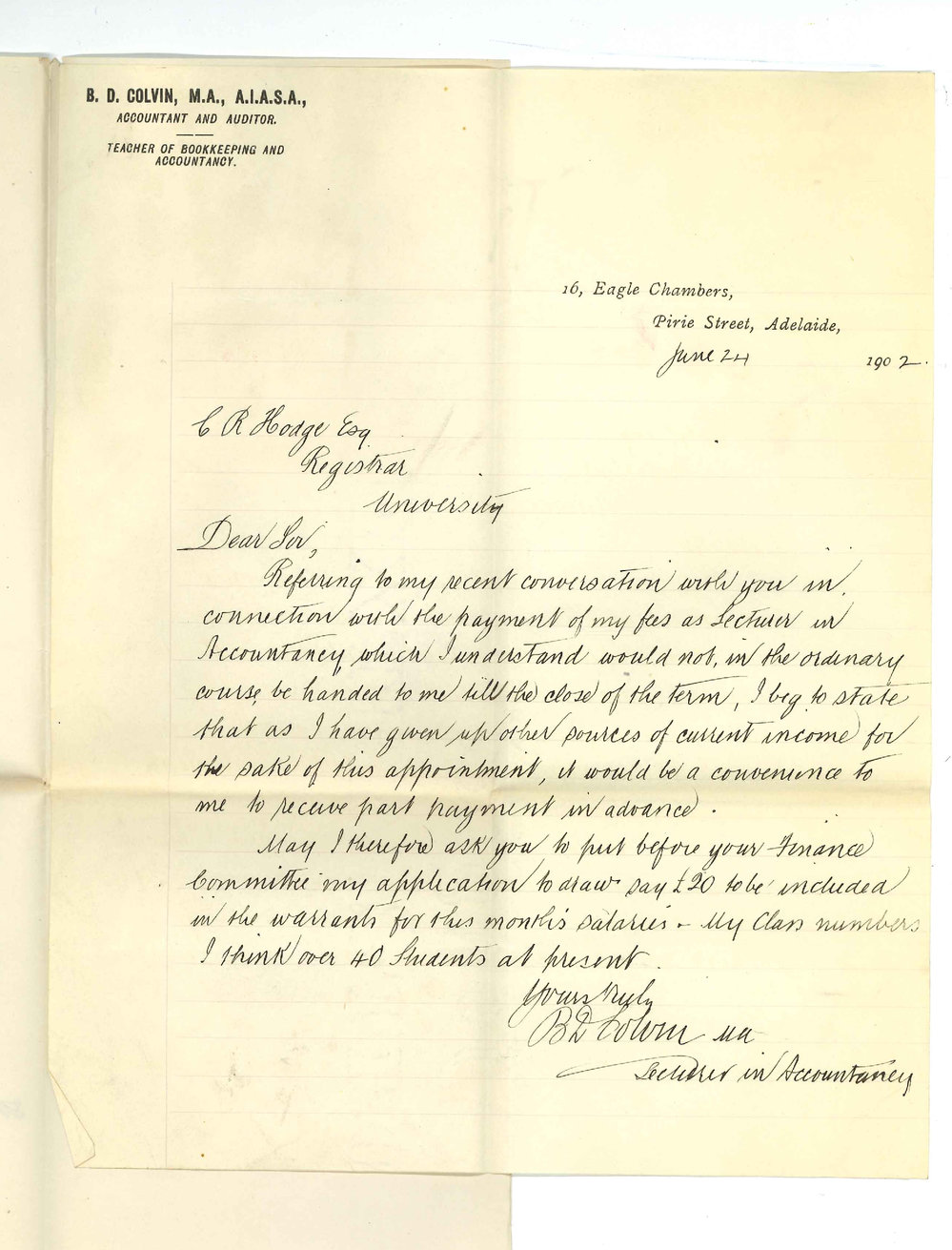 Bazett David Colvin MA AIASA - Adelaide - Asking for payment of &pound;20 on account of fees for Accountancy