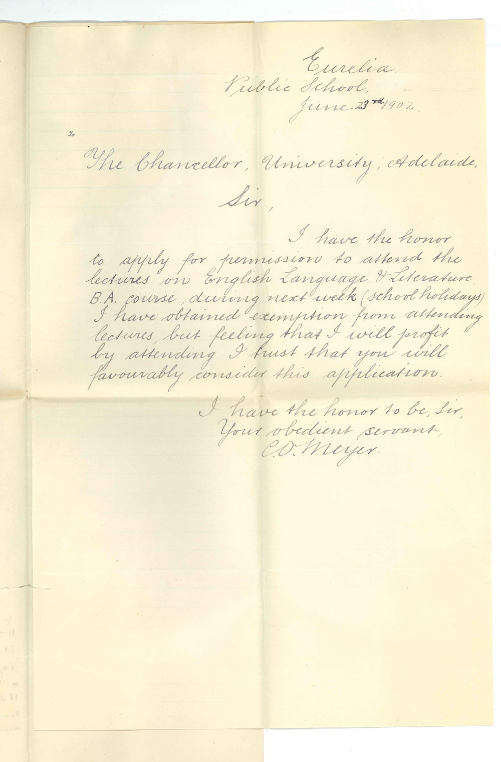 Carl Otto Meyer - Eurelia - Permission to attend lectures on English Language and Literature for next week