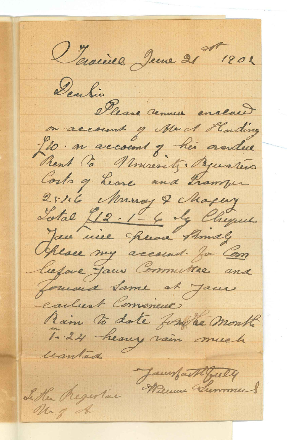 William Summers - Terowie - Forwarding rent from A Harding and amount from Mr Bywaters on account with Murray and Magarey