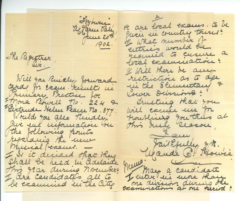 Miss Maude C Howie - McLaren Vale - Requesting Cards of Marks and information regarding Music Examination - Forming a Local Examination
