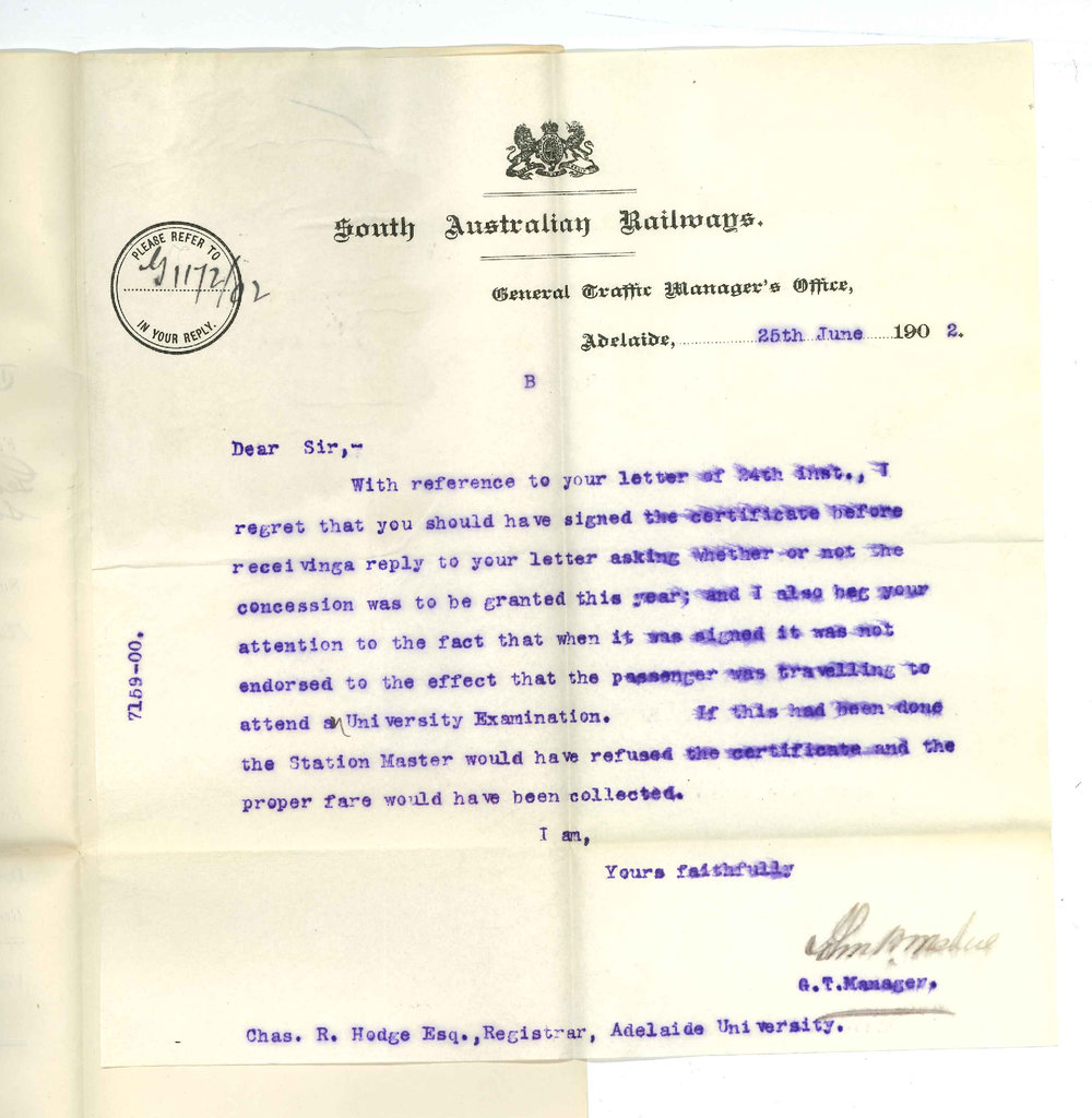 John B McNeil - General Traffic Manager - SA Railways Adelaide - Regarding signing of a Railway Certificate