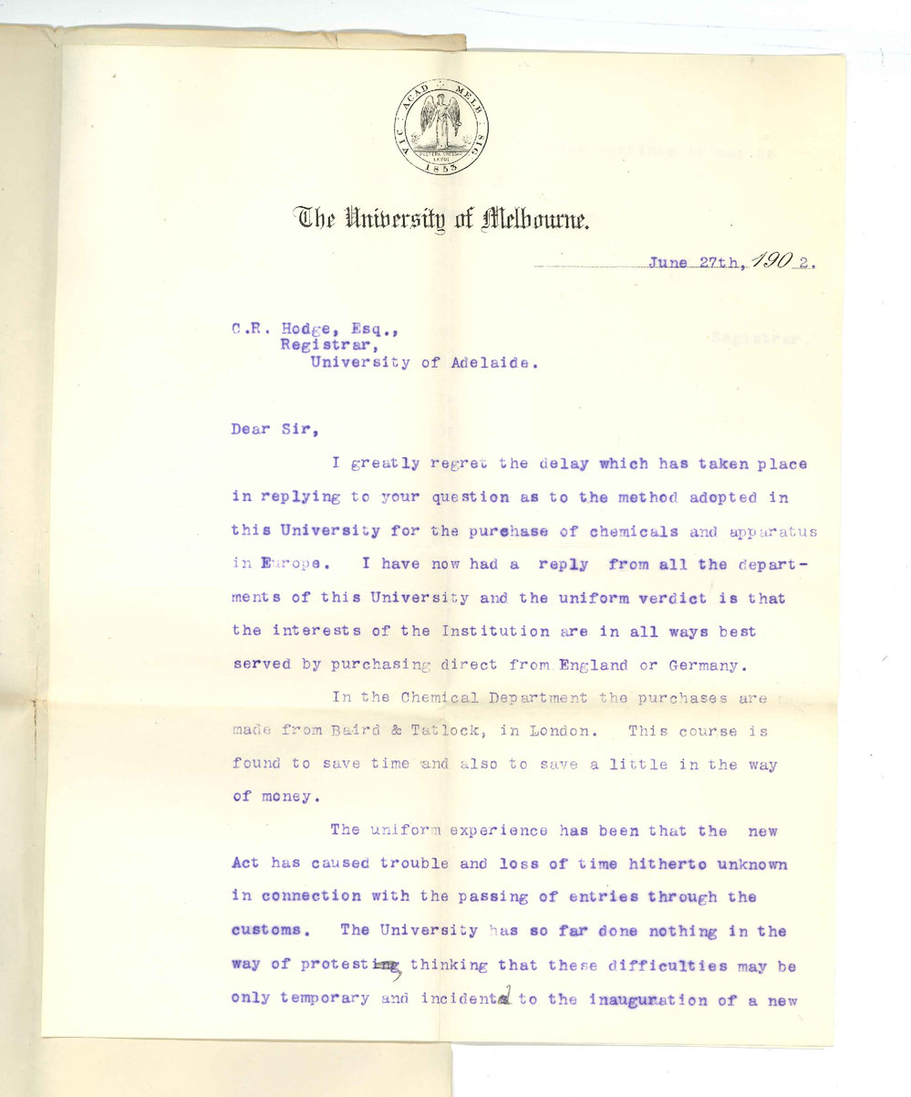 Alexander Sutherland - Registrar - University of Melbourne - Method adopted in the University for purchase of chemical and apparatus