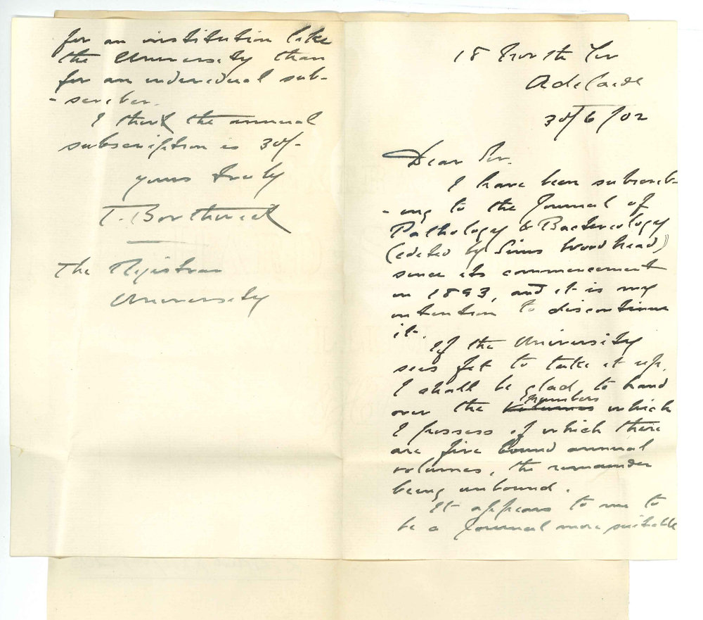 Thomas Borthwick MD - Adelaide - Offering if University will subscribe to Journal of Pathology and Bacteriology to hand over back numbers