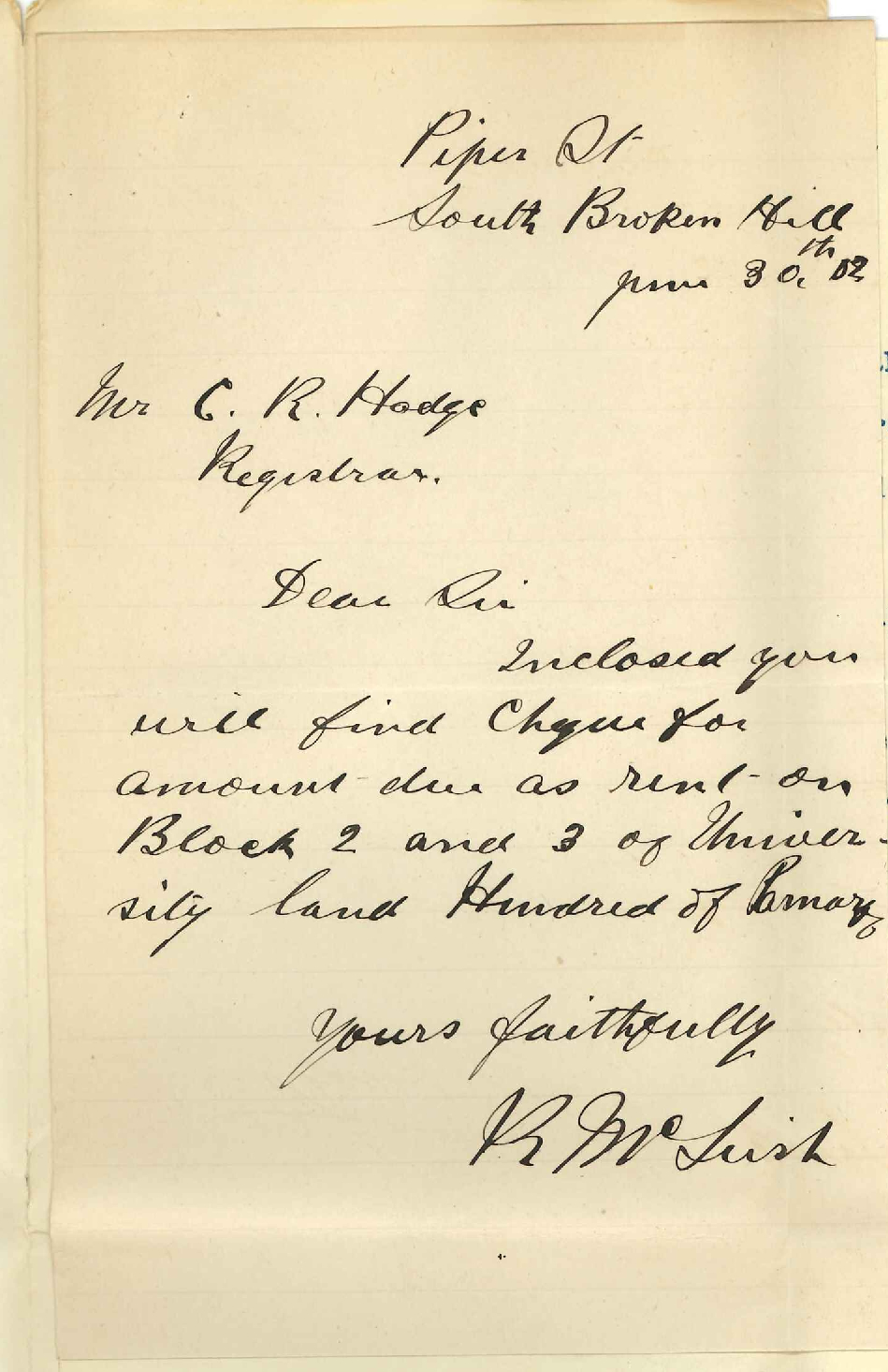 R McLeish - Broken Hill - Forwarding rent for land at Parnaroo