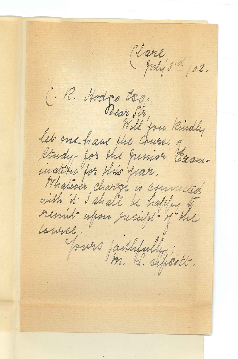Miss M L Lipsett - Clare - Requesting course of study and fees for Junior Exam