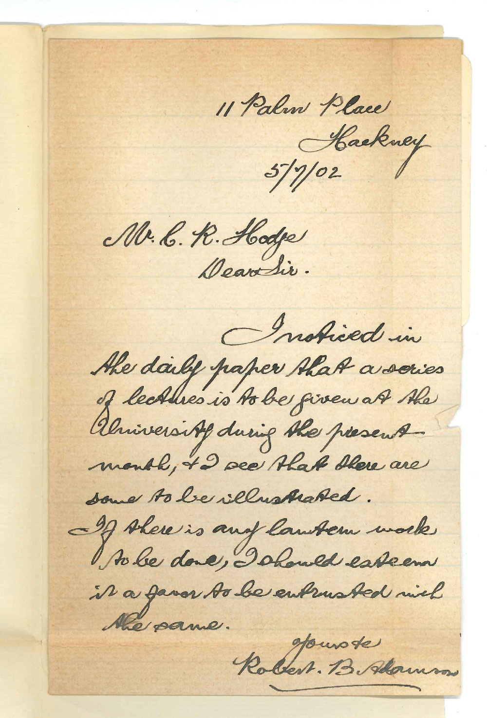 Robert B Adamson - Hackney - Offering to undertake Lantern work in illustrating at Extension Lectures