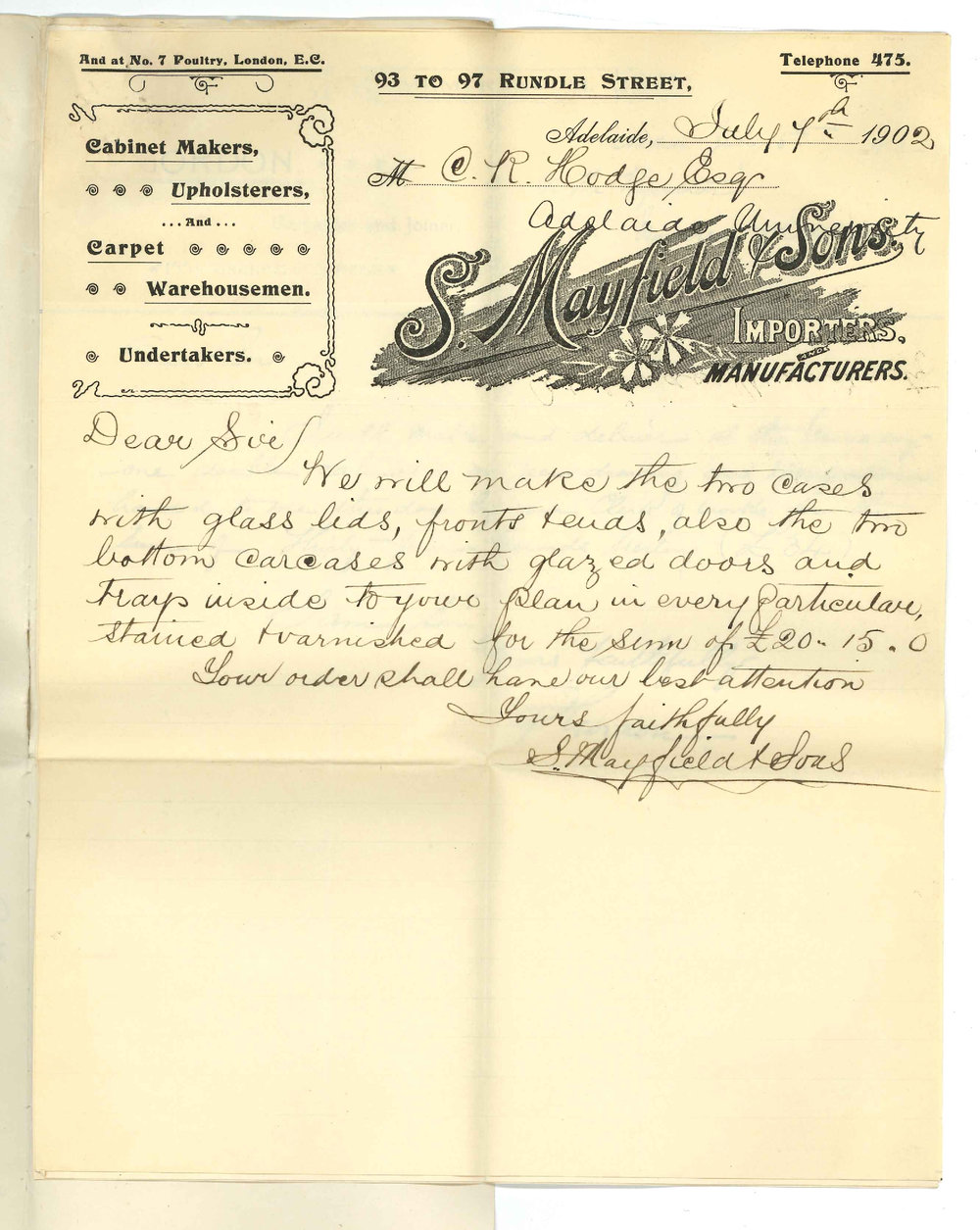 S Mayfield and Sons - P Gordon - P Gay and Company - Tenders for Cabinets