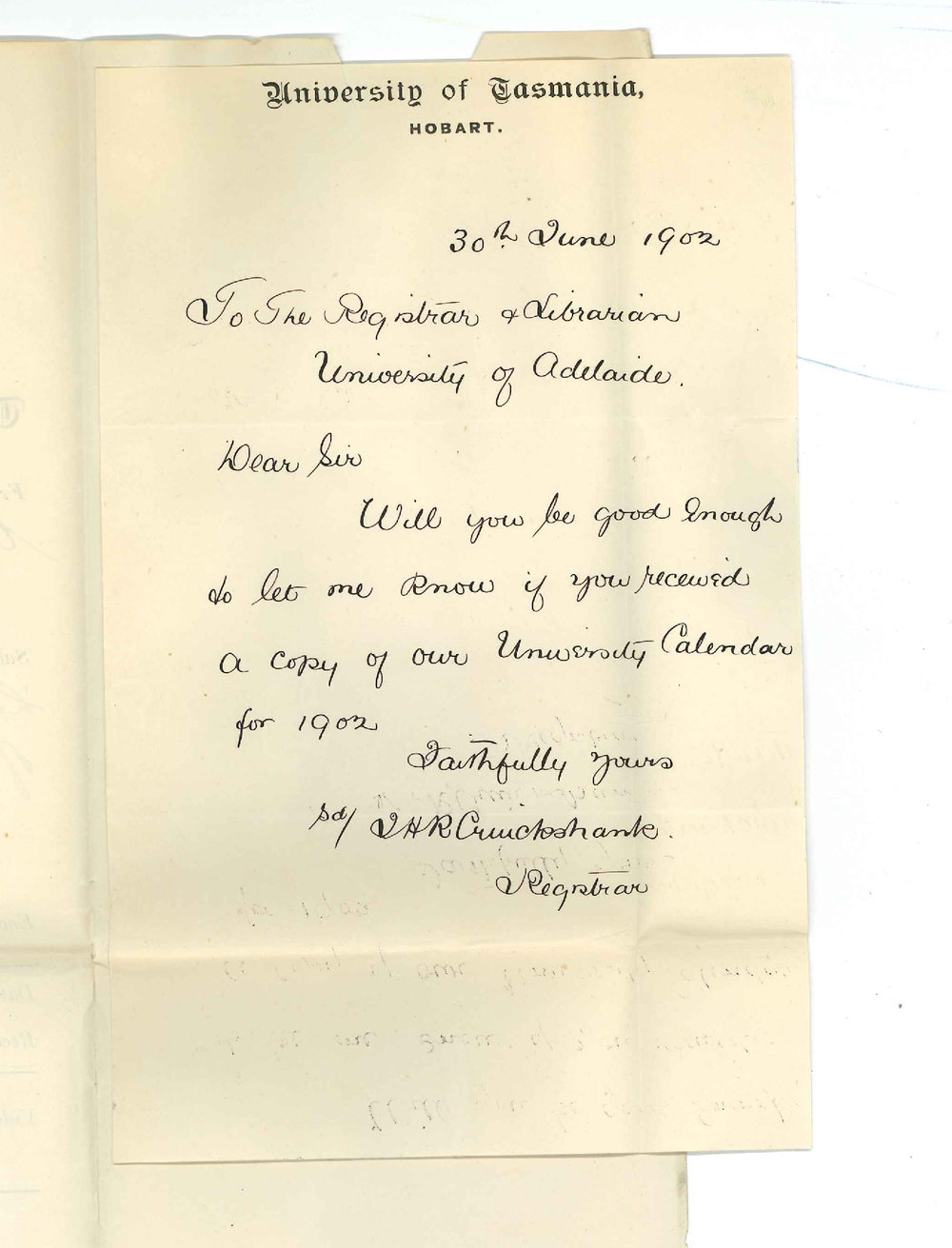 James Henry Robert Cruickshank - Registrar - University of Tasmania - Asking if University have received a copy of their Calendar