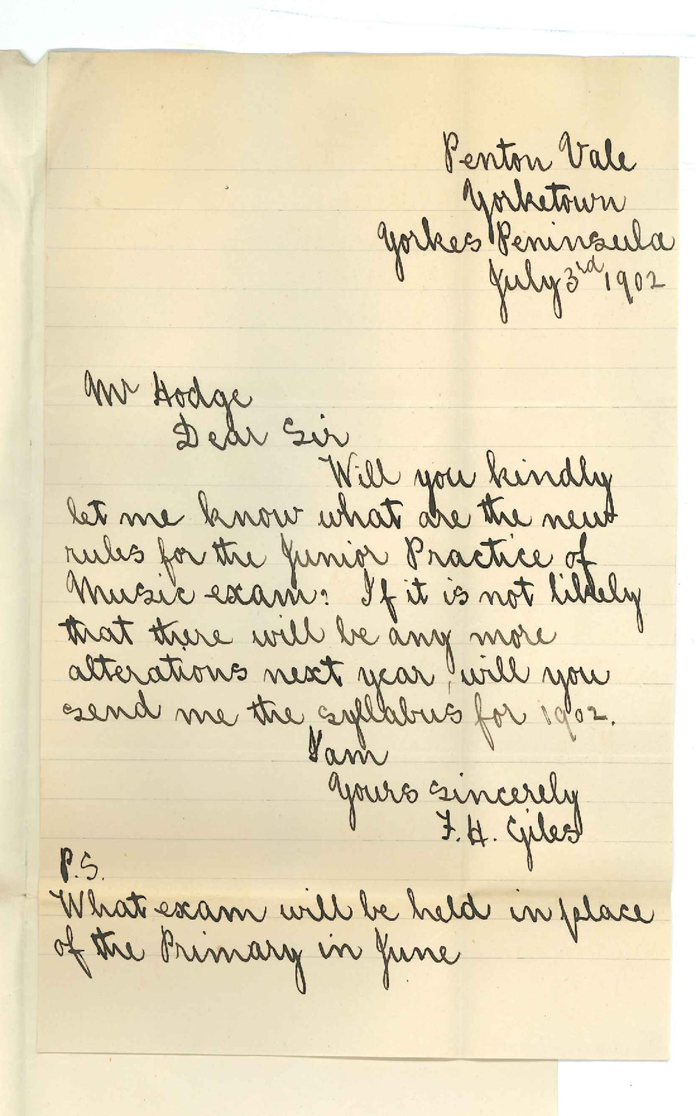Miss F H Giles - Penton Vale Yorketown - Information of Junior Practice of Music Exam