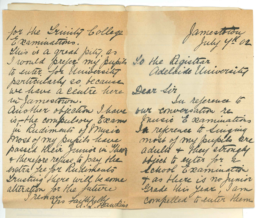Miss A L Hawkins - Jamestown - Regarding Music Examinations