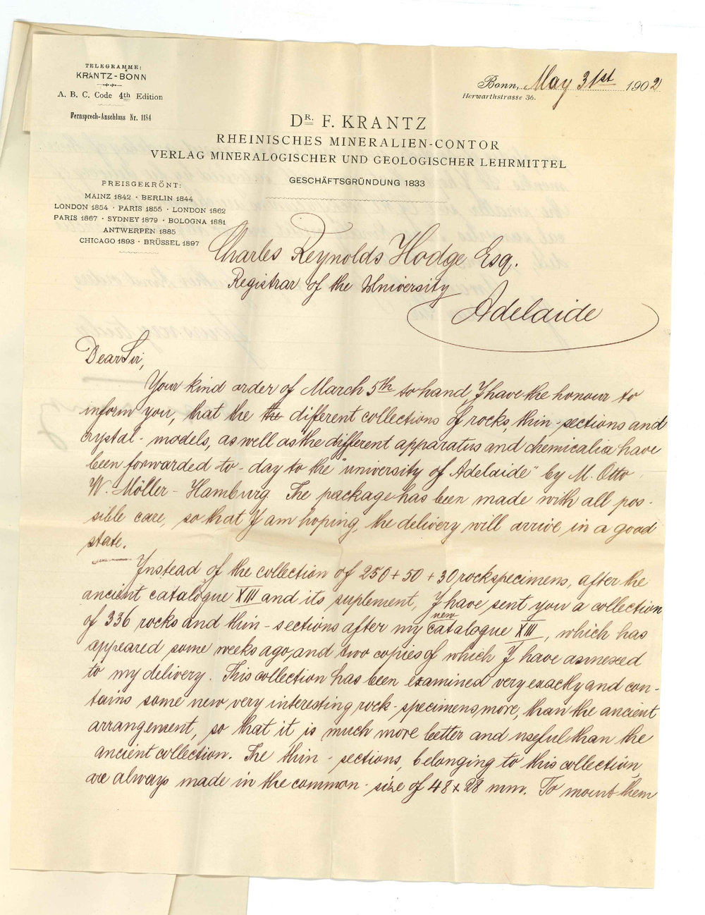 Dr F Krantz - Bonn - With respect to order for Mineral and Specimens