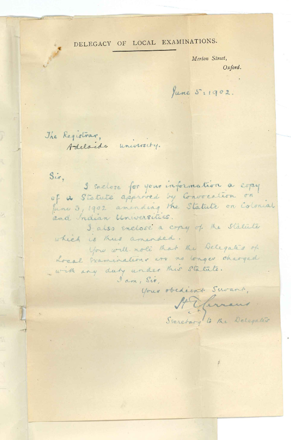 H T Gerraus - Secretary Delegacy of Local Exams Oxford - Amendment of statute on Colonial and Indian Universities