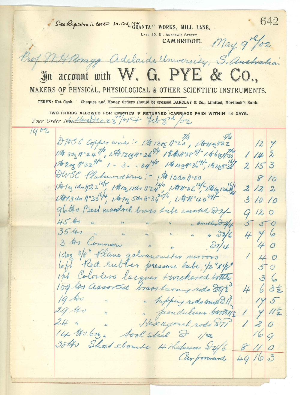 W G Pye and Company - Cambridge England - Advising shipment of Material and Apparatus