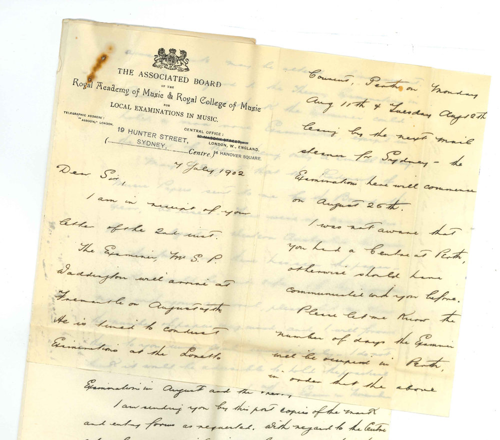 A E Balch - Resident Clerk - The Associated Board - Sydney - Name of Examiner and date of his arrival and regarding Practice of Music Exam at Perth