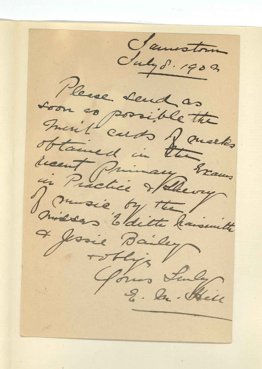 Miss Edith M Hill - Jamestown - Requesting Cards of Works for Practice and Theory Exams of Primary
