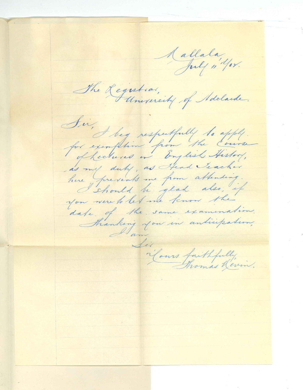 Thomas Nevin - Mallala - Exemption from attendance at lectures