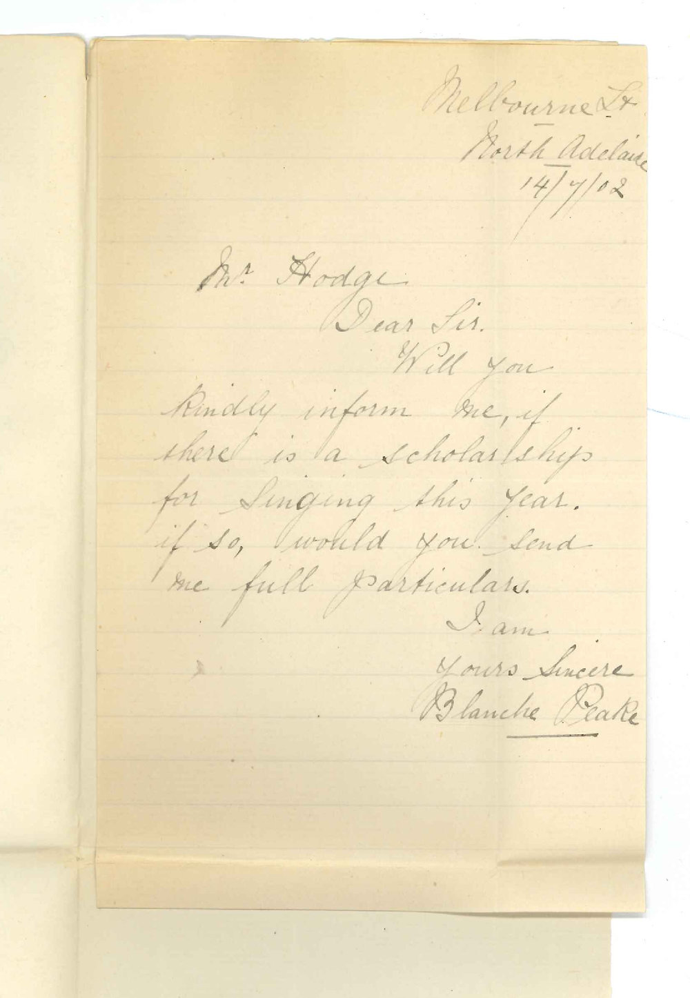Miss Blanche Peake - North Adelaide - Information for Scholarship for Singing