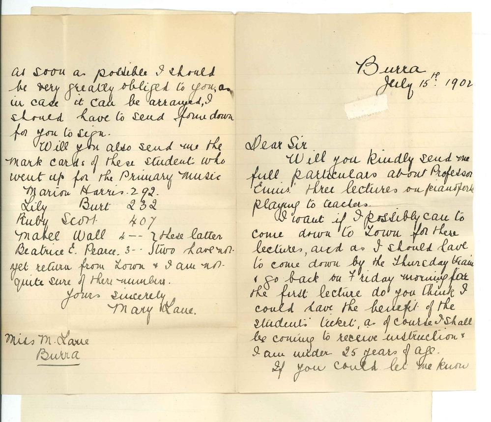 Miss Mary Lane - Burra - Professor Ennis lectures - Concession on Railway Fare - Requesting Cards of Marks