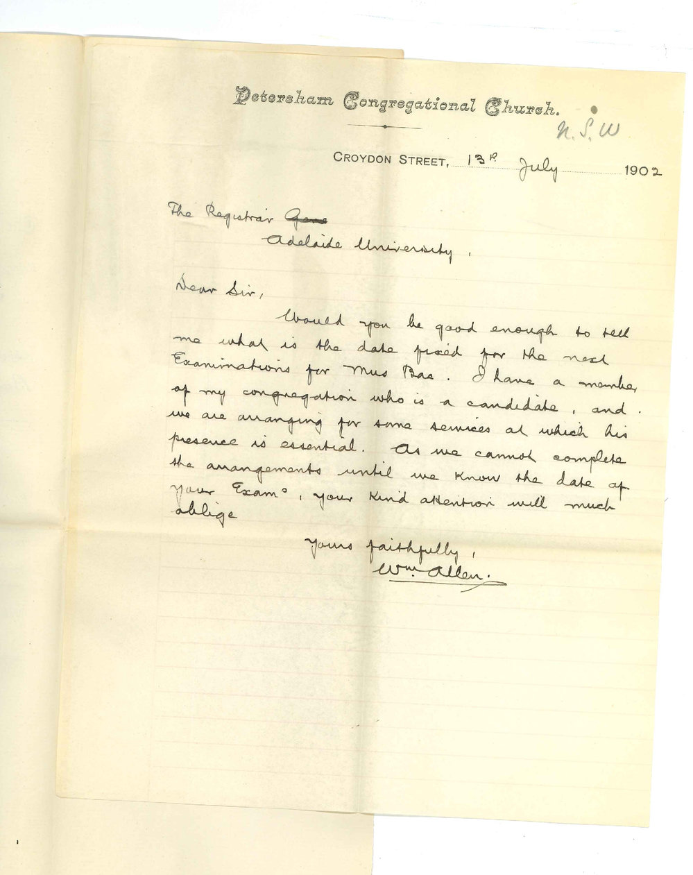 William Allen - Petersham NSW - Asking date of Music Bachelor Exam in November next