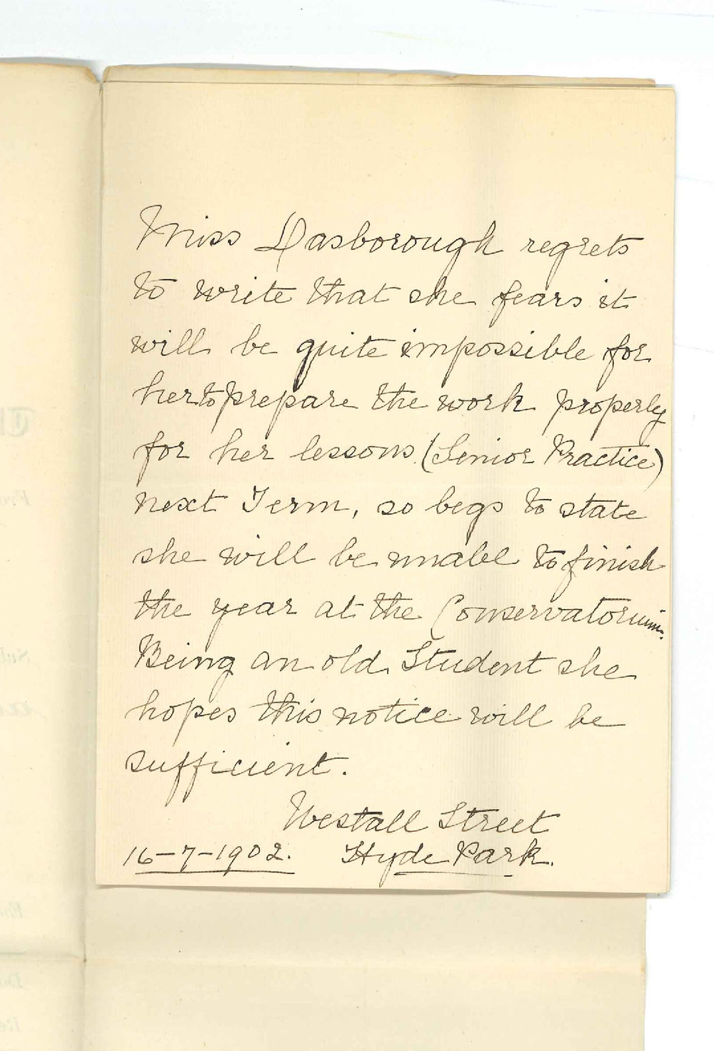 Miss Ellen Edgell Dasborough - Hyde Park - Discontinuing lessons at the Conservatorium