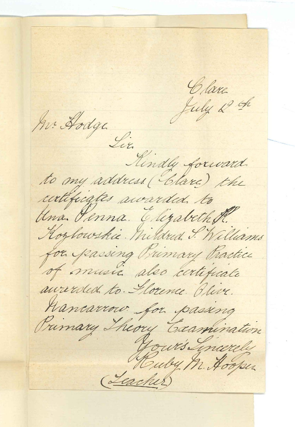 Miss Ruby M Hooper - Clare - Requesting Certificates for Primary Music Exam