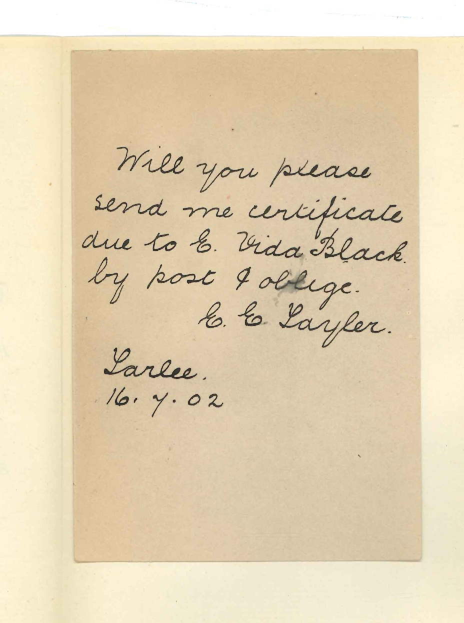 Miss E E Taylor - Tarlee - Requesting Certificate for E Vida Black