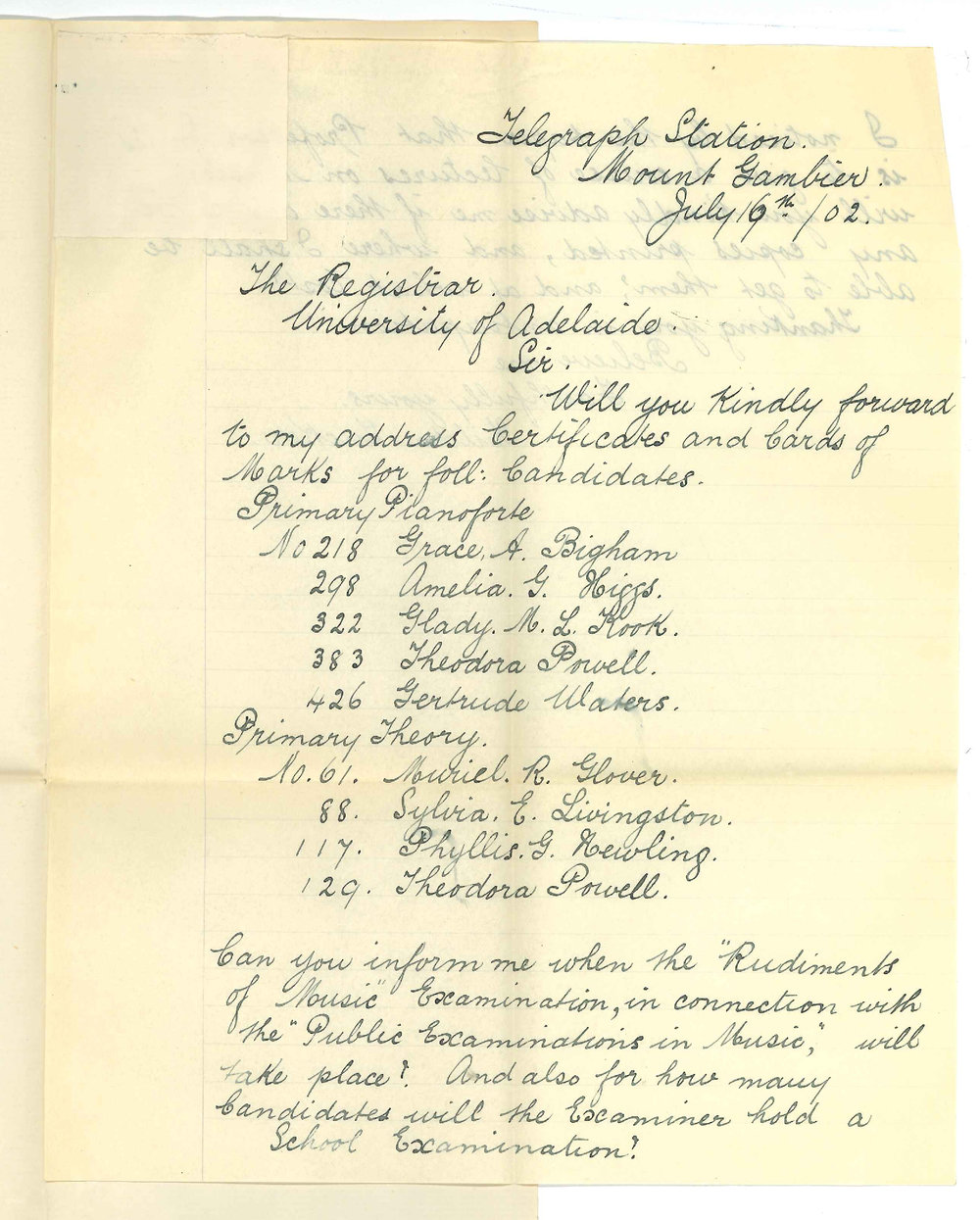 Miss Hilda Tucker - Mount Gambier - Requesting Certificates and Cards of Marks - Information of School Examinations and Professor Ennis Lectures