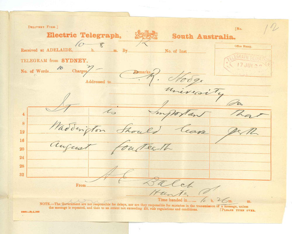 A E Balch - Resident Clerk - The Associated Board - Sydney - Stating it is important Examiner should leave Perth on 14 August