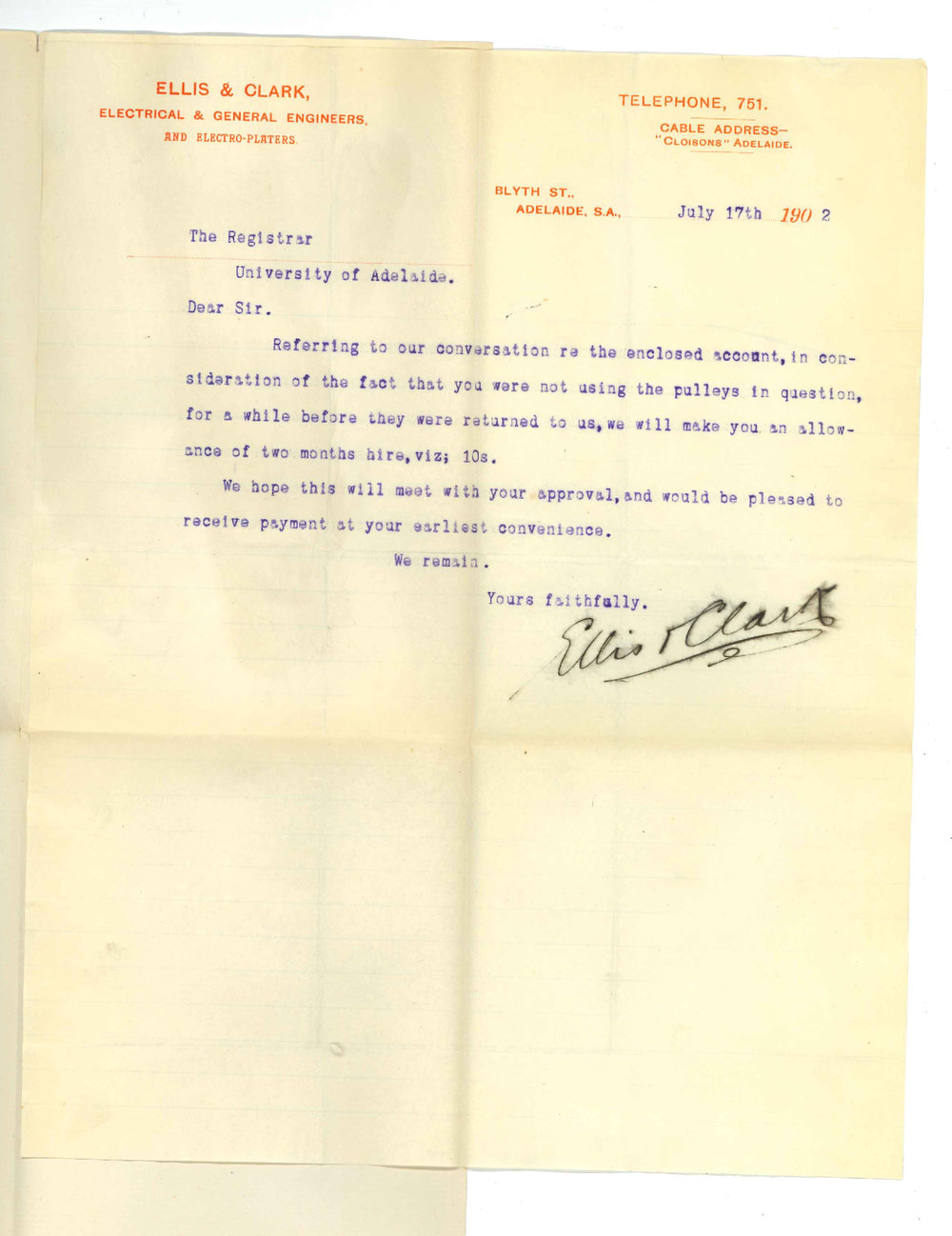 Messrs Ellis and Clark - Adelaide - Allowance on account for hire of Pulley
