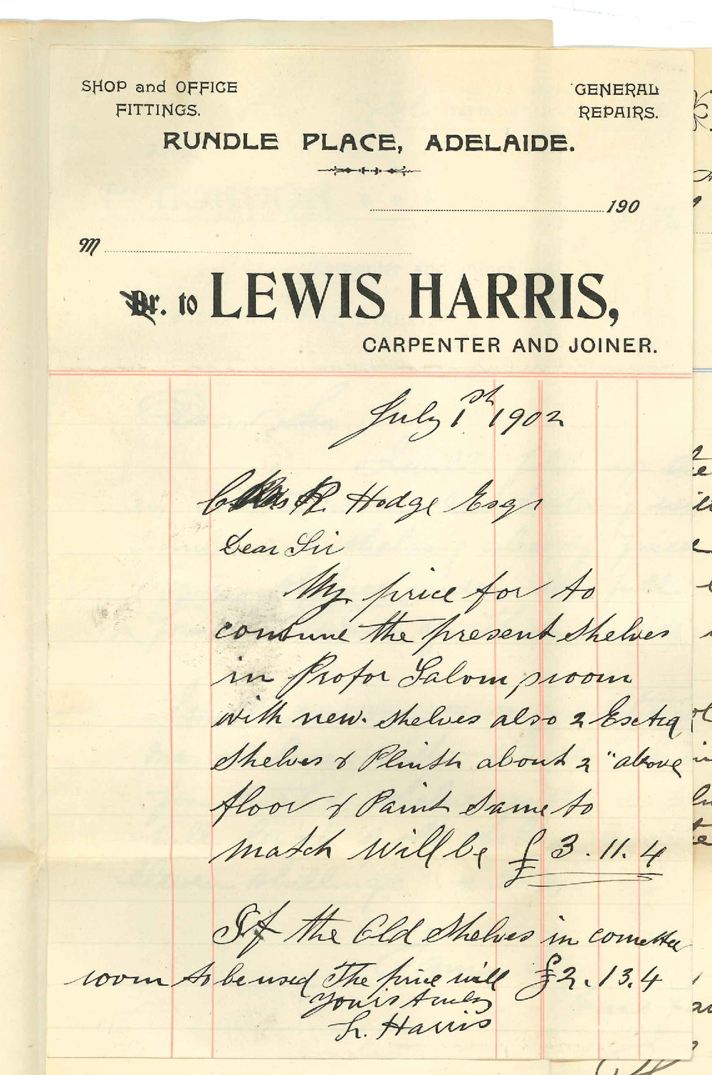 Lewis Harris and P Gordon - Adelaide - Tenders for Shelving in Law Lecture Room