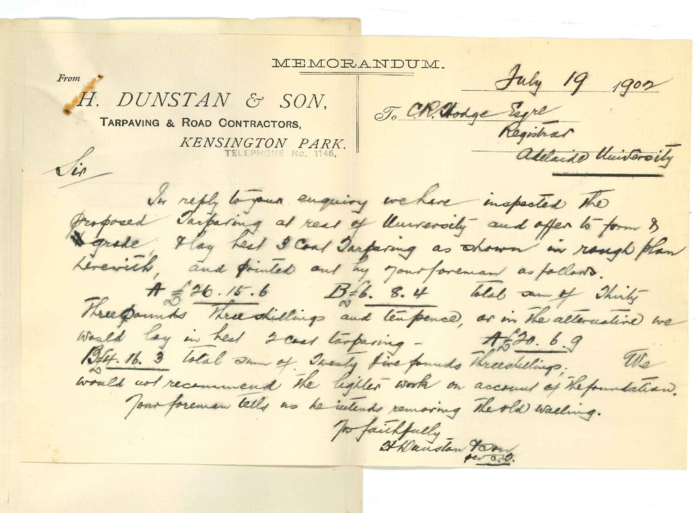 H Dunstan and Son - Kensington Park - Quoting price for tar paving at rear of University