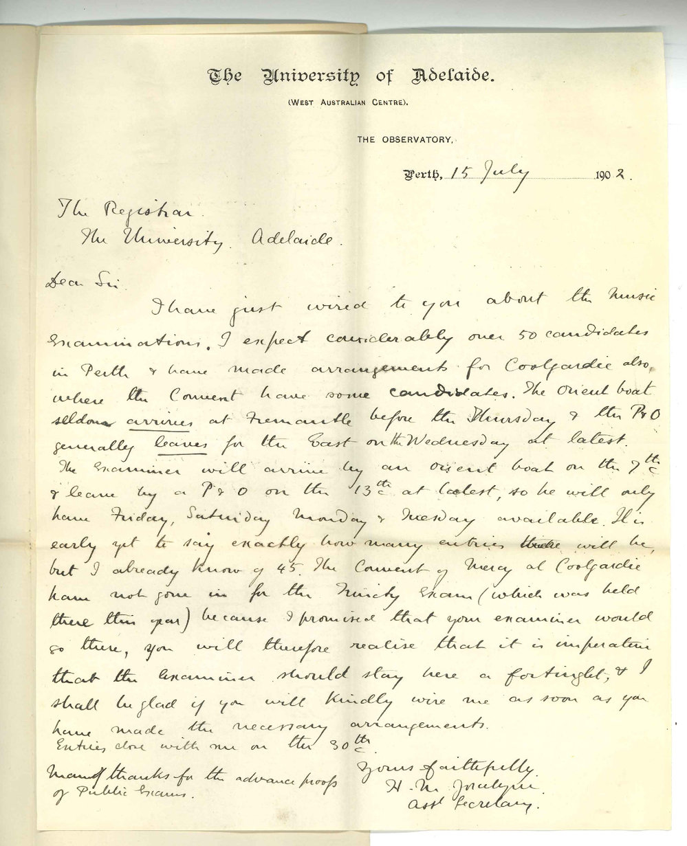 Henry Maurice Joscelyne - Perth WA - Concerning Entries and Examiner of Practice of Music Examination