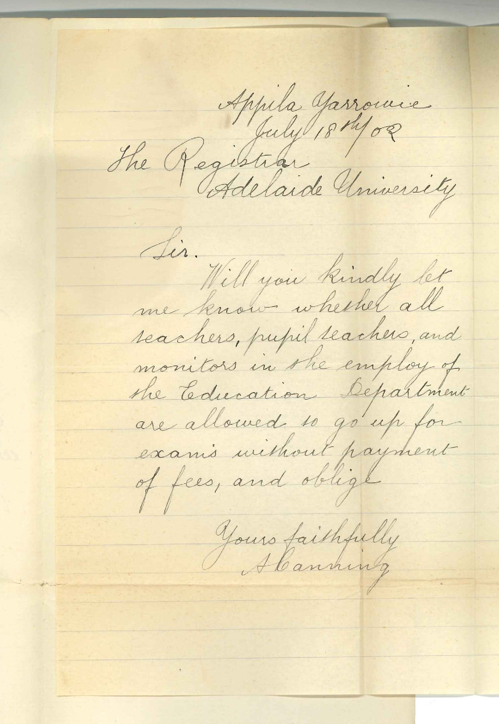 A Canning - Appila Yarrowie - Asking if teachers etc of the Education Department are allowed exam fees free