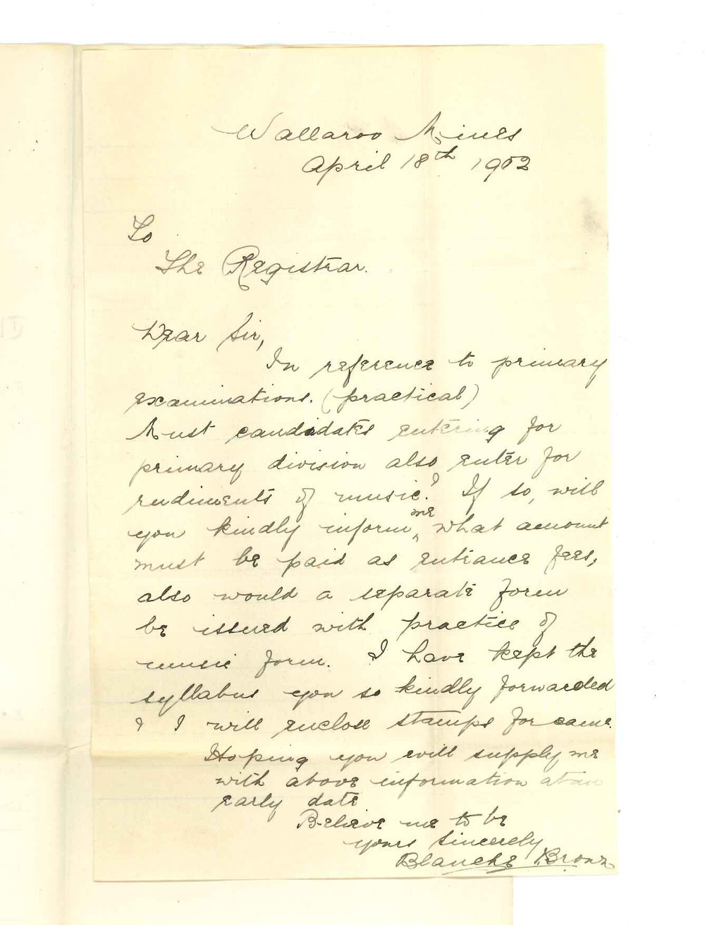 Miss Blanche Brown - Wallaroo Mines - Asking for information of Primary Practice Examination