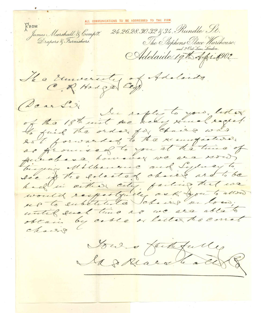 James Marshall and Co - Drapers and Furnishers - Adelaide - With respect to delay in order of chairs