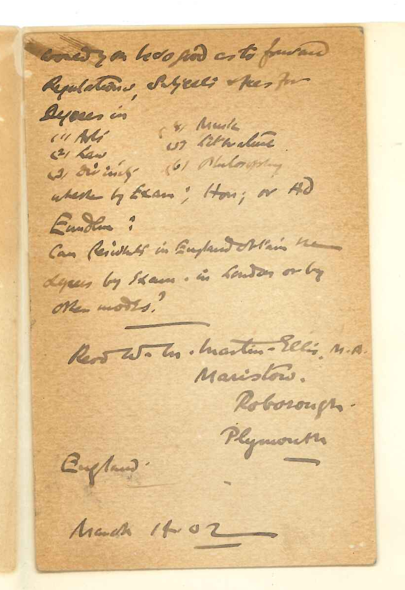 Reverend W M Martin-Ellis - Plymouth England - Requesting regulations of degrees in Arts Law Music Divinity etc