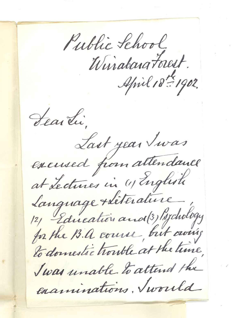 Thomas Symons Oborn - Wirrabara Forest - Exemption attendance at Lectures