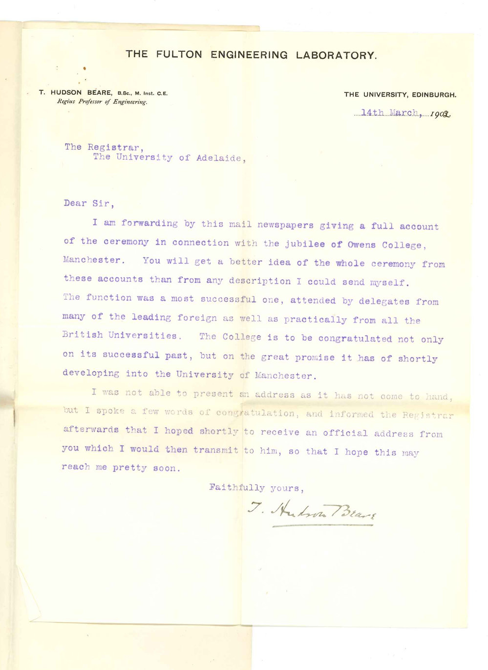 Professor T Hudson Beare - The Fulton Engineering Laboratory - Edinburgh - With respect to ceremony in connection with jubilee of Owens College