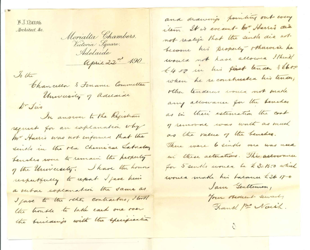 Frank John Naish - Adelaide - Report concerning allowance for sinks in old Chemical laboratory benches to Mr L Harris