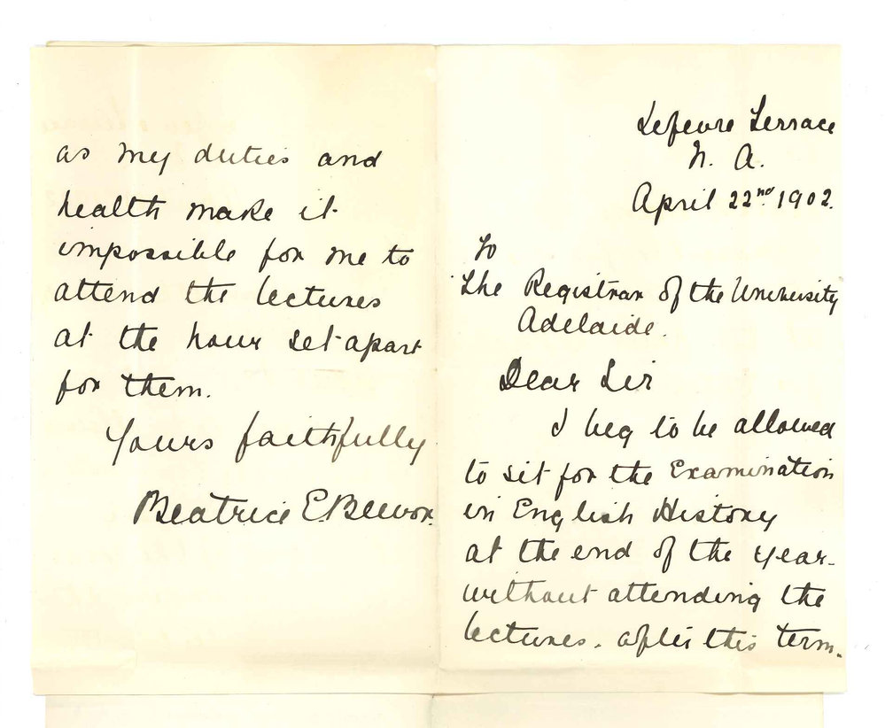 Miss Beatrice E Beevor - North Adelaide - Exemption from attendance at lectures