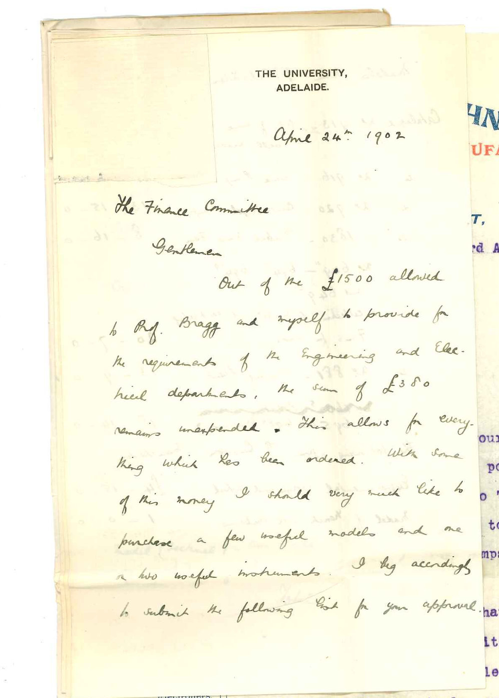 Robert William Chapman - Professor William Henry Bragg - University - Permission to spend balance of Engineering Grant